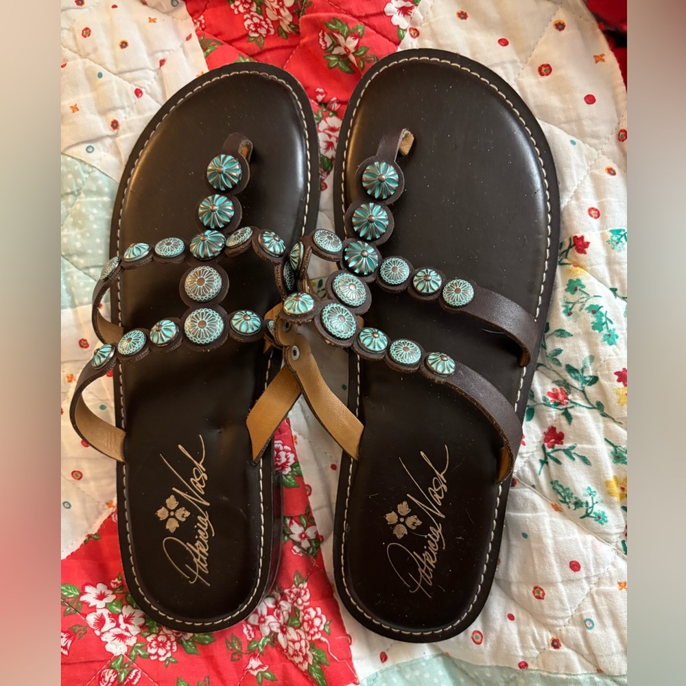 Patricia Nash Brown and Blue Sandals with Geometric Design